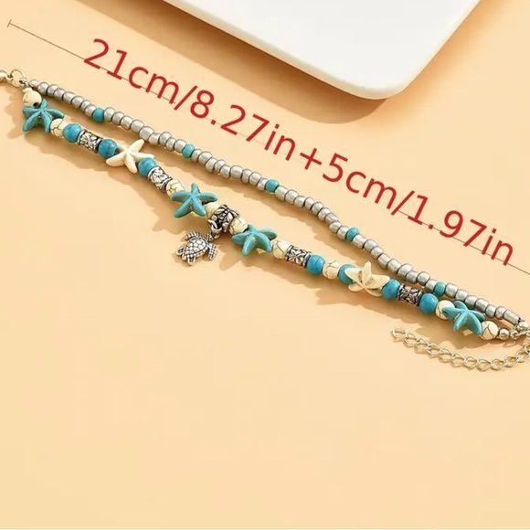 Boho Beach Coastal Vibes Beaded Anklet Turtle Charms - Turquoise Accents NEW - Picture 3 of 3